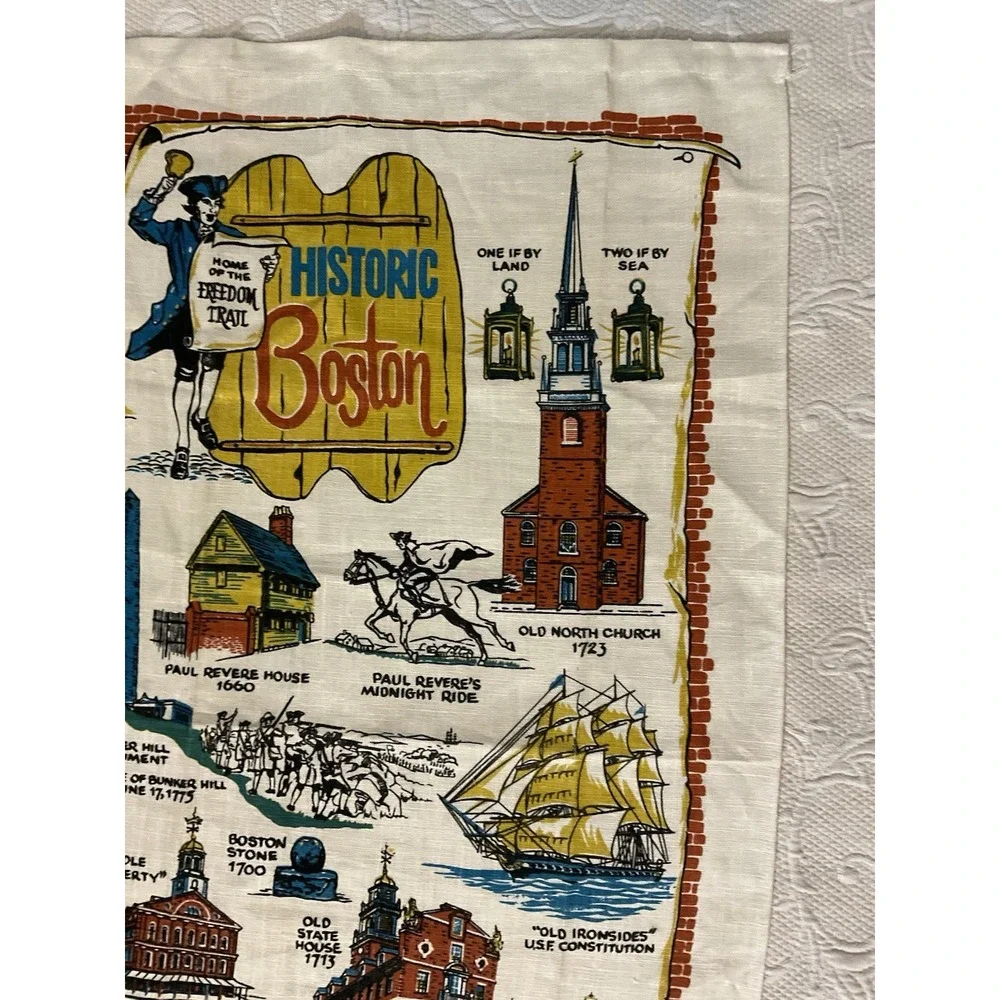 NEW Vintage 1970's Linen Historic Boston Souvenier Tea Towel 16